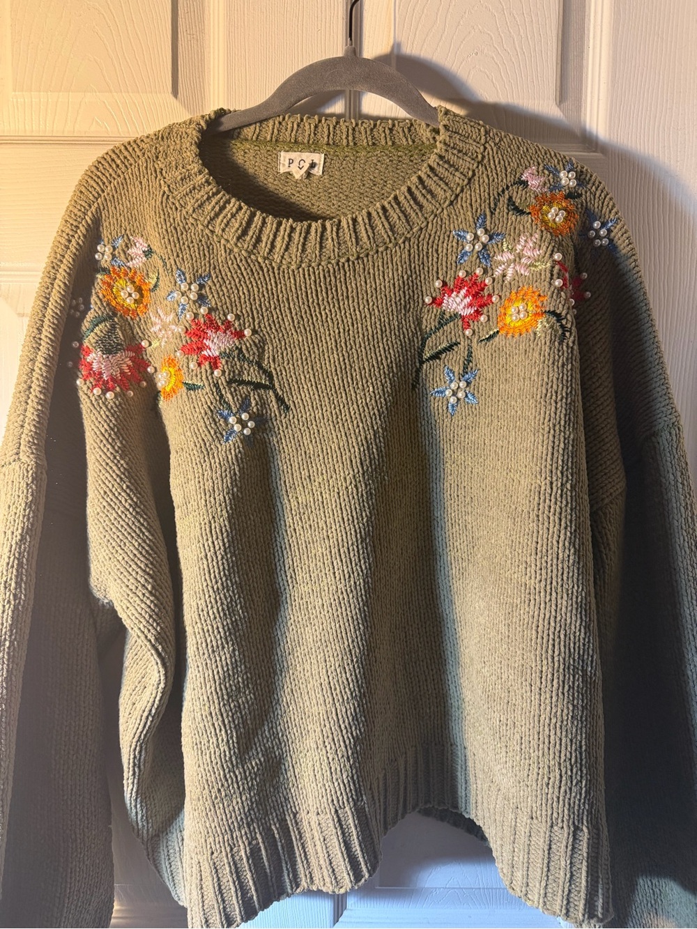 POL- Olive Green Floral Embroidered Crewneck Sweater